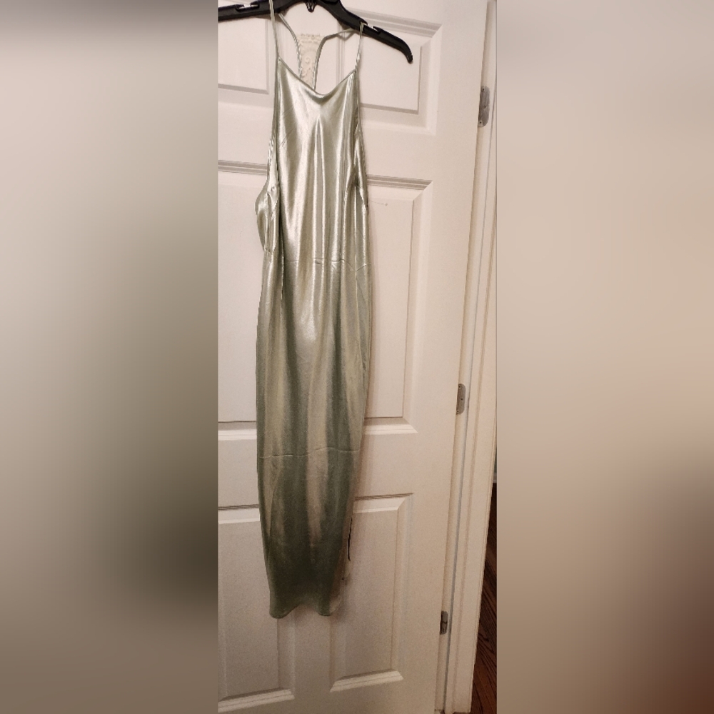 Free People Geen Lace Back Sunset Shimmer Metallic Satin Midi Slip Dress - Picture 2 of 8